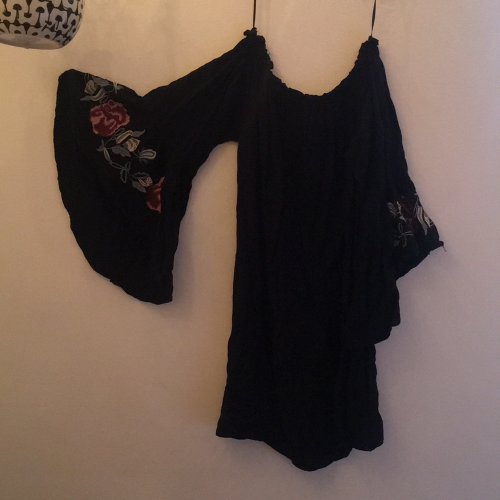 Off-the-shoulder Bell-sleeve Embroidered Dress